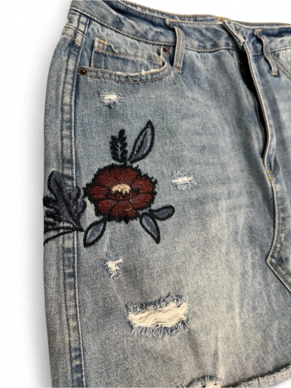 Altar’d State Floral Embroidered Distressed Denim Mini Skirt Size 28